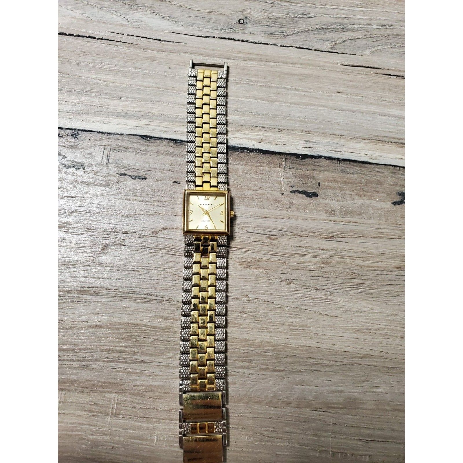 Vintage Milan Square Quartz Watch TwoTone Gold Silver Textured Bracelet Band